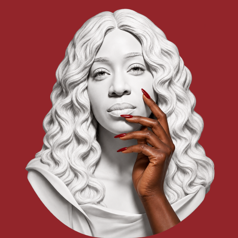 Edlin’s white sculptural bust with a dark hand and red nails against a rich red background