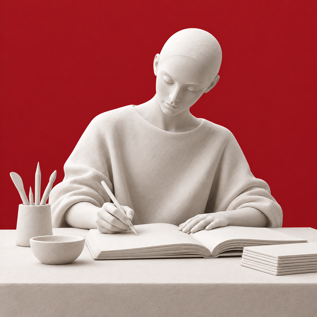 An ivory sculptural figure creating at a worktable on red